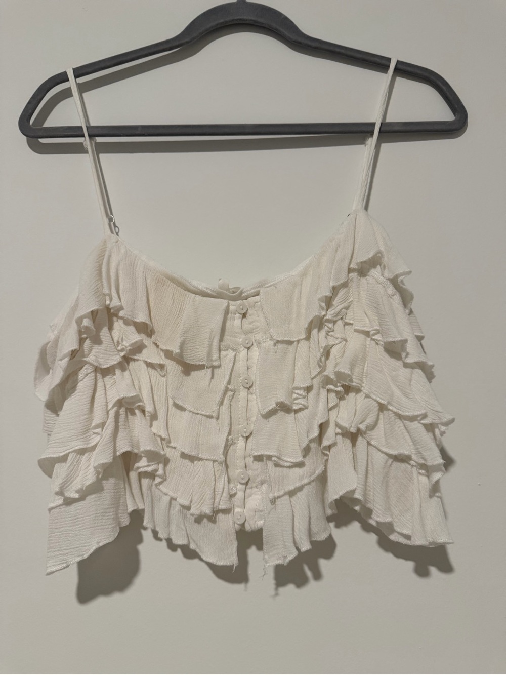 Ruffled Cream Button-Front Spaghetti Strap Tank Top